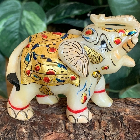 Marble Elephant Statue Trunk Up Hand Painted Indian Art home Decor Sculpture 3" - Picture 9 of 14